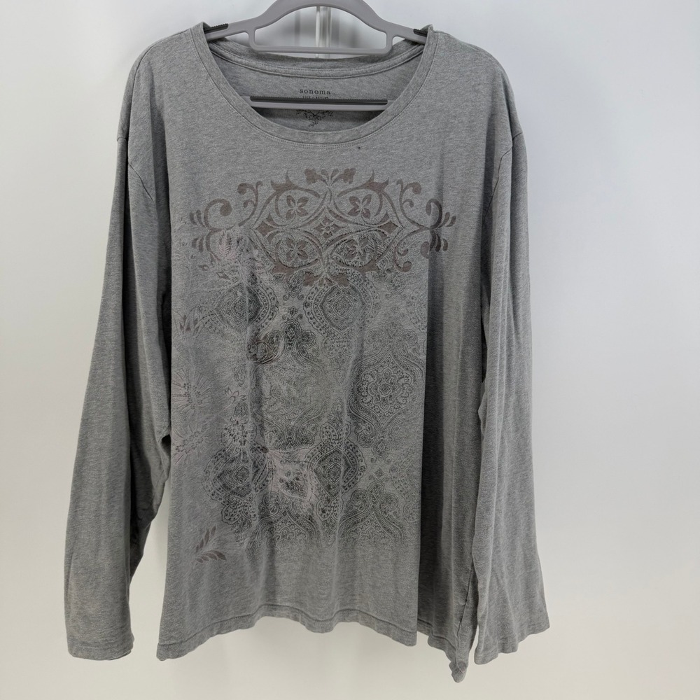 Sonoma Long Sleeve Tee Women 3X Grey Graphic Cotton Casual Boho Plus Size Y2K